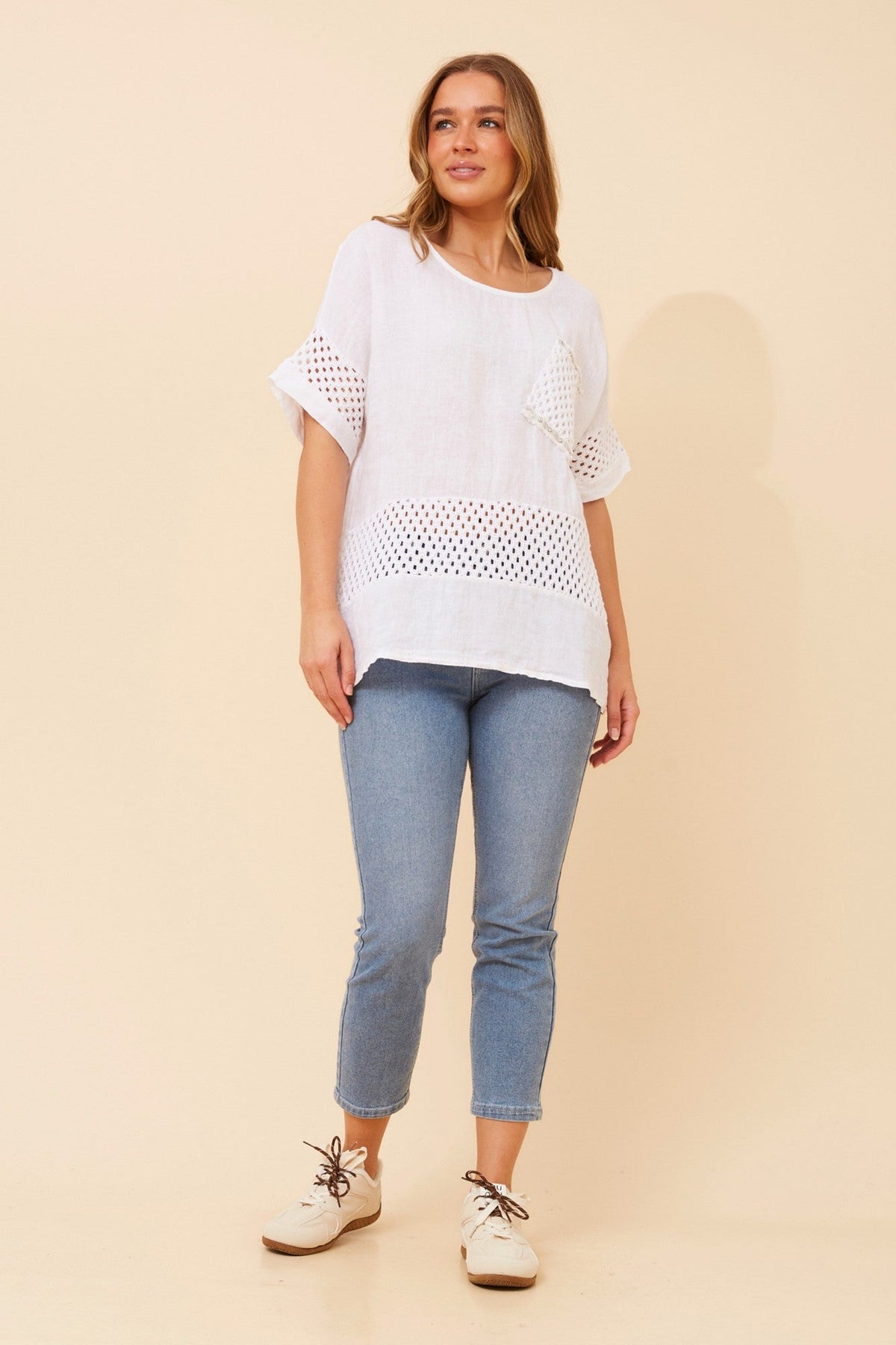 BOTTEGA MODA MORRA PATCHWORK LINEN TOP (White)
