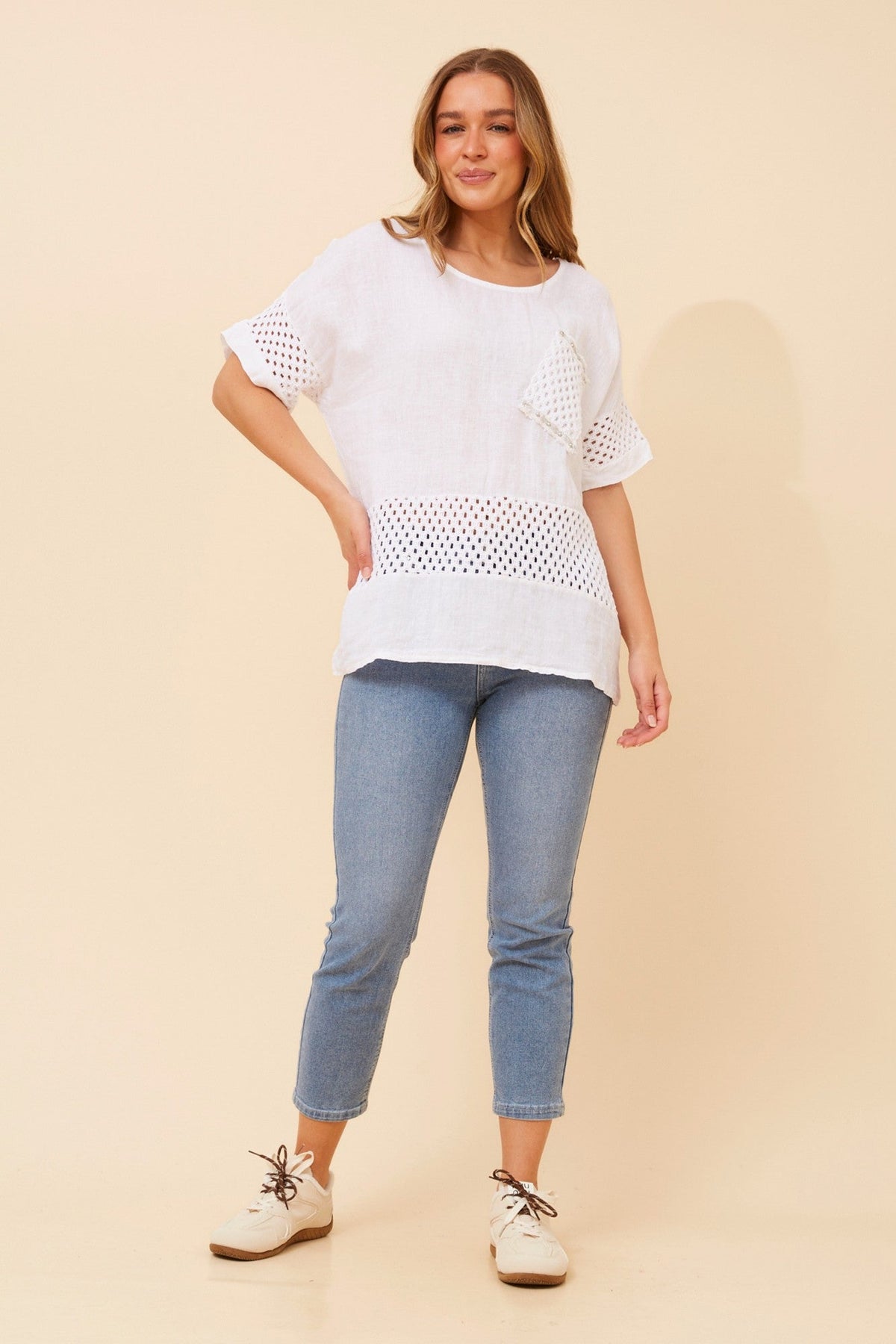 BOTTEGA MODA MORRA PATCHWORK LINEN TOP (White)