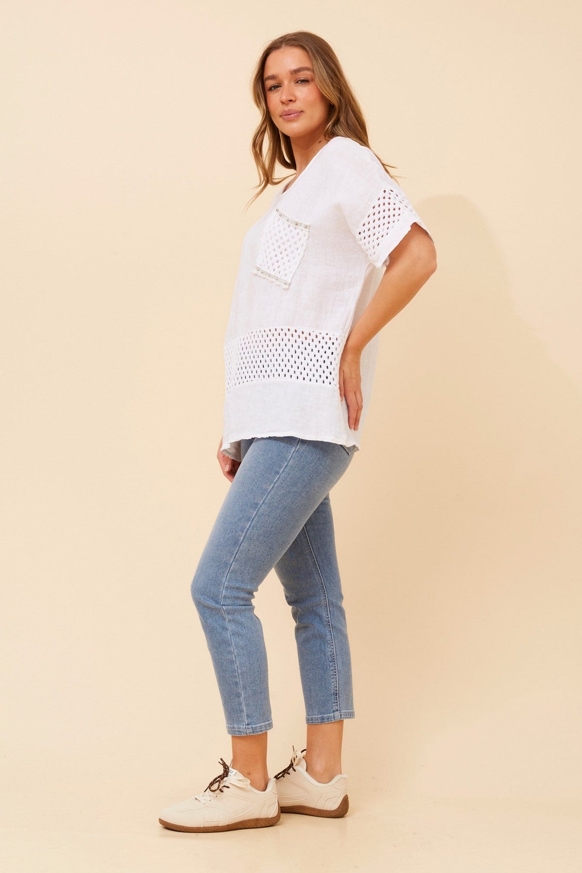 BOTTEGA MODA MORRA PATCHWORK LINEN TOP (White)