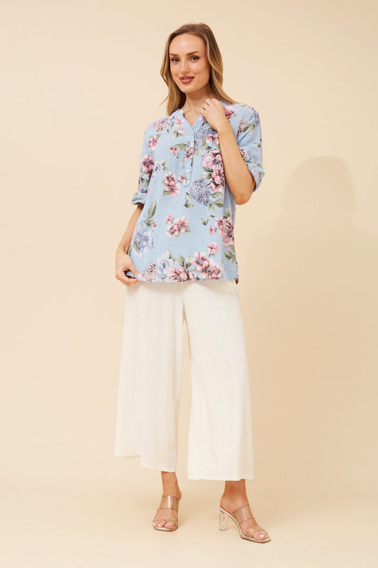 Image of a model wearing Tops. Product name - ROSETTA FLORAL TOP in Blue colour by brand - BOTTEGA MODA