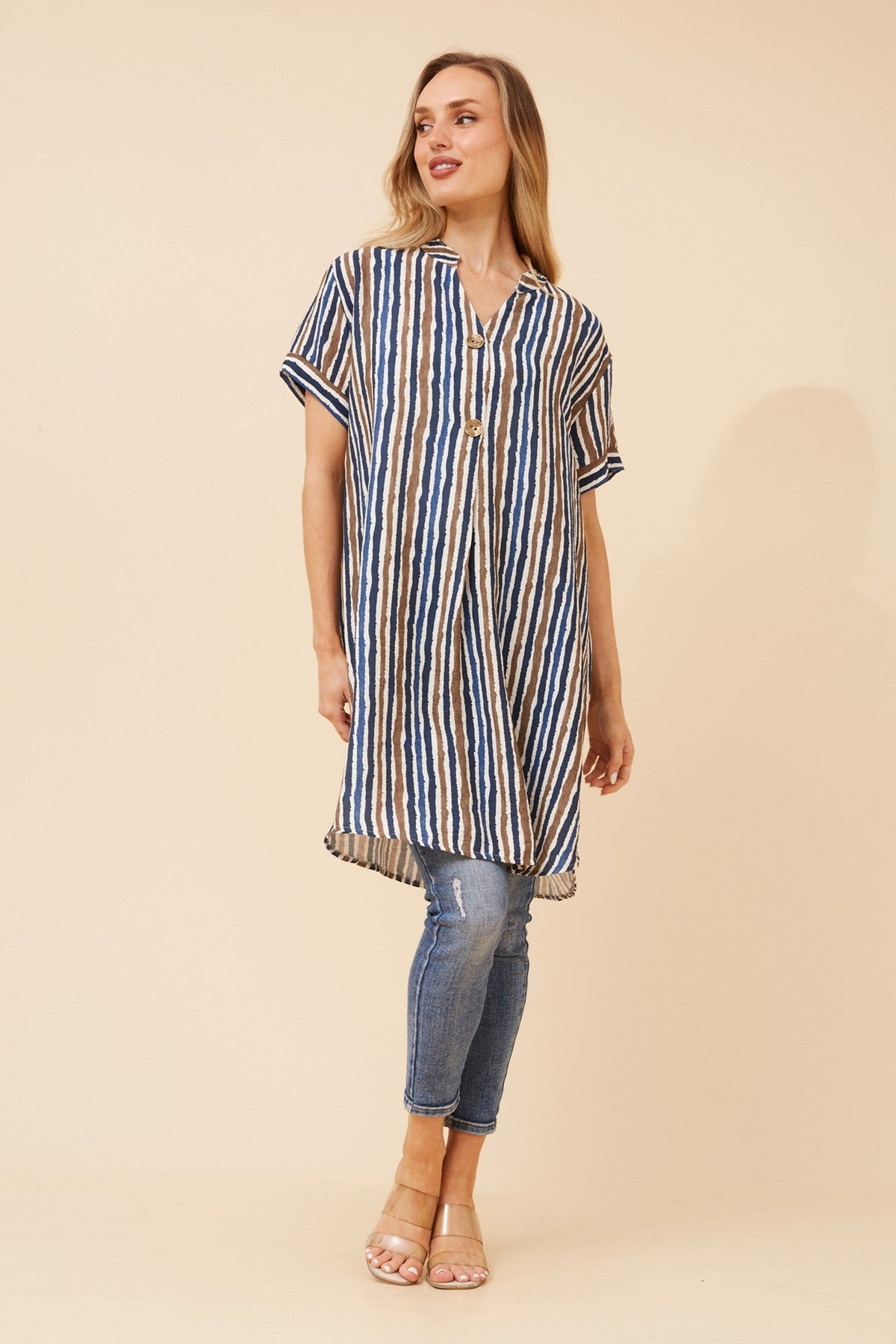 Image of a model wearing Outerwear. Product name - MICAH STRIPE PRINT TUNIC in Blue colour by brand - BOTTEGA MODA