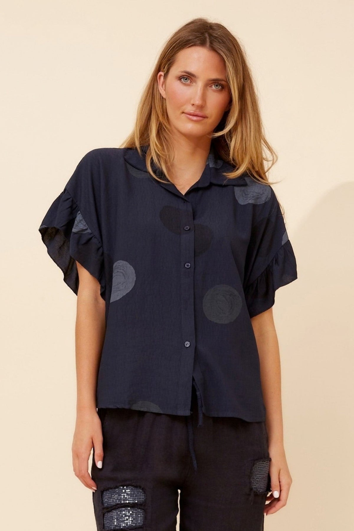 BOTTEGA MODA ORIBELLA POLKA DOT PRINT SHIRT (Navy)
