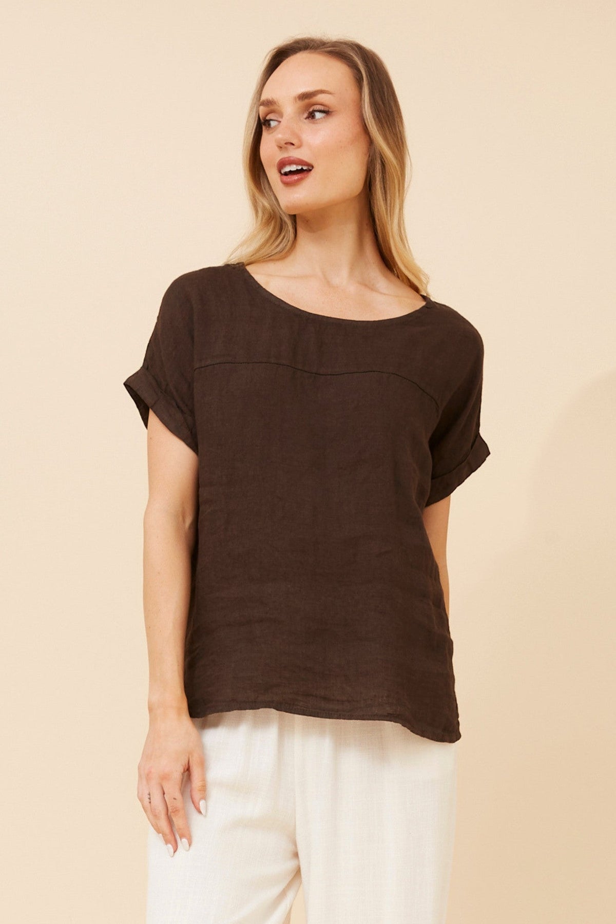 LEORA SOLID LINEN TOP (Chocolate)