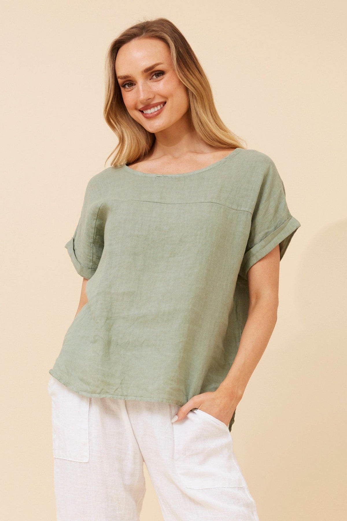 BOTTEGA MODA LEORA SOLID LINEN TOP (Sage)