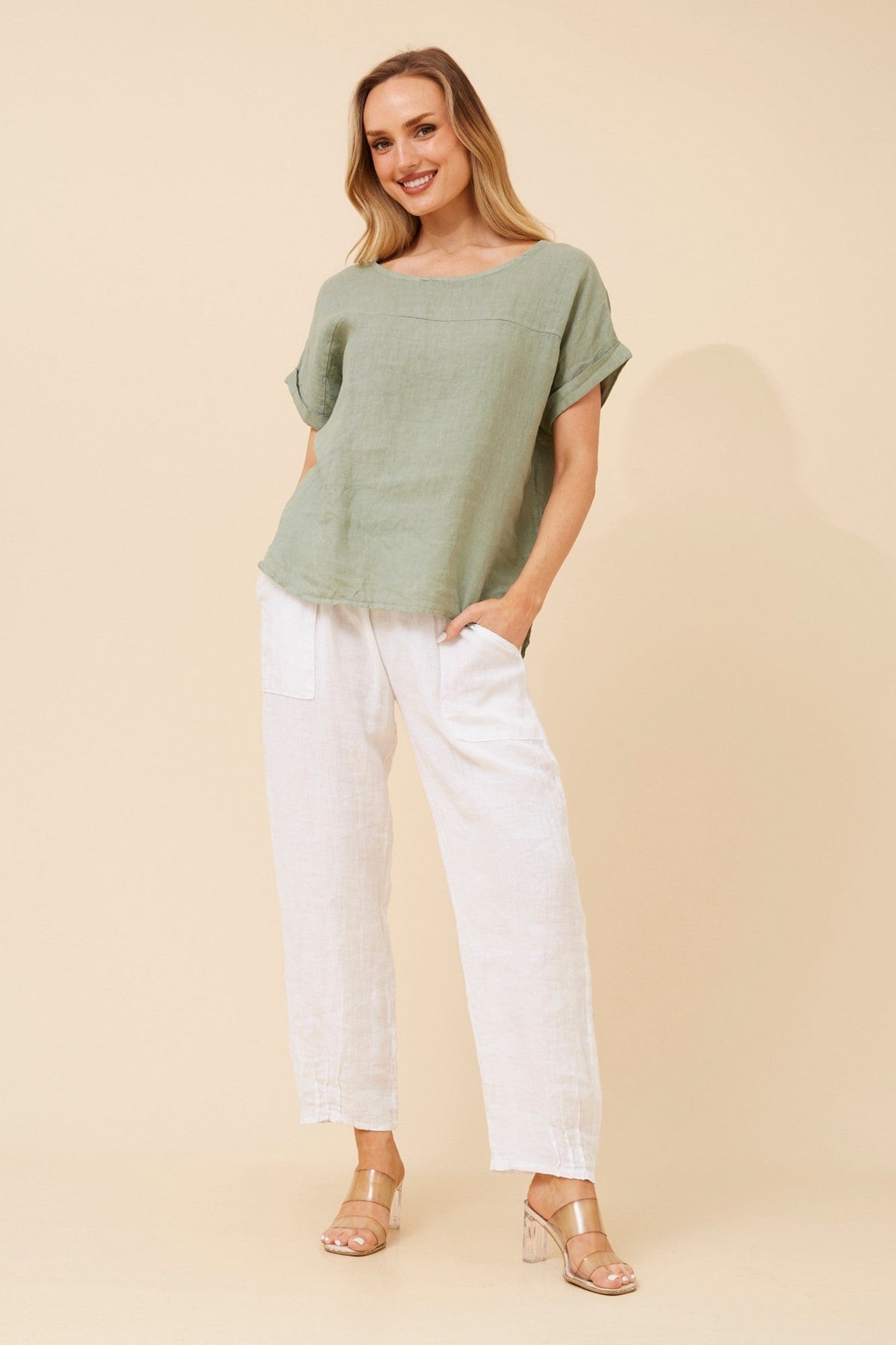 BOTTEGA MODA LEORA SOLID LINEN TOP (Sage)