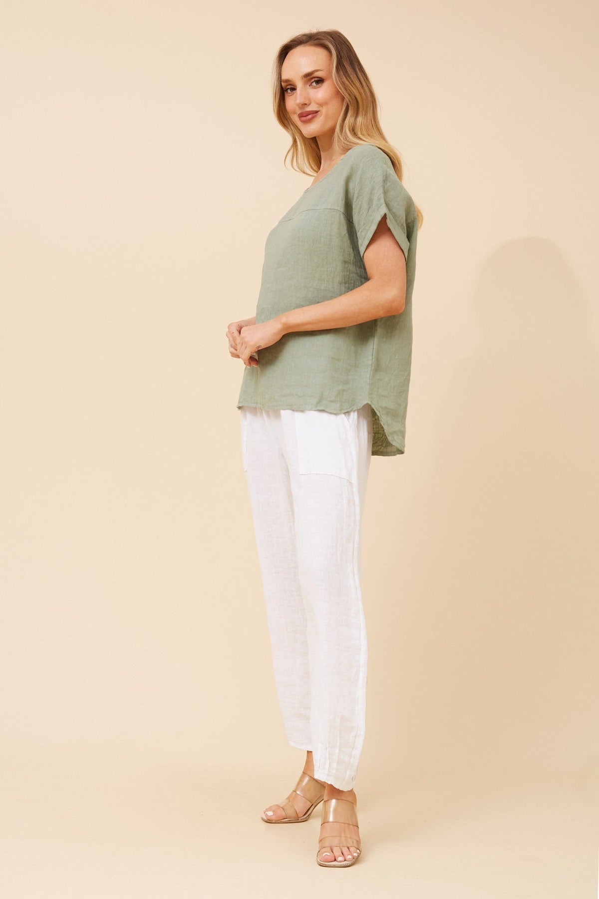 BOTTEGA MODA LEORA SOLID LINEN TOP (Sage)