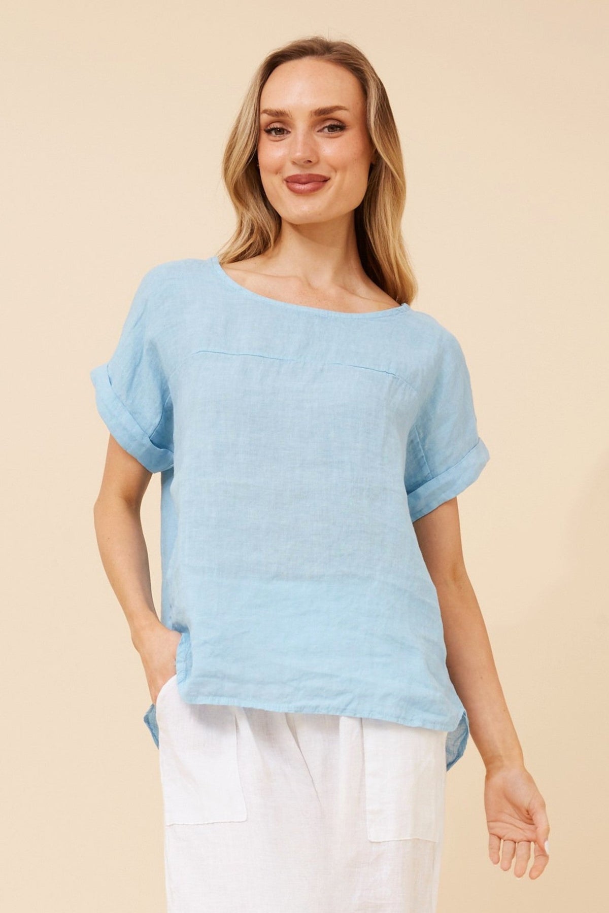 BOTTEGA MODA LEORA SOLID LINEN TOP (Skylight)