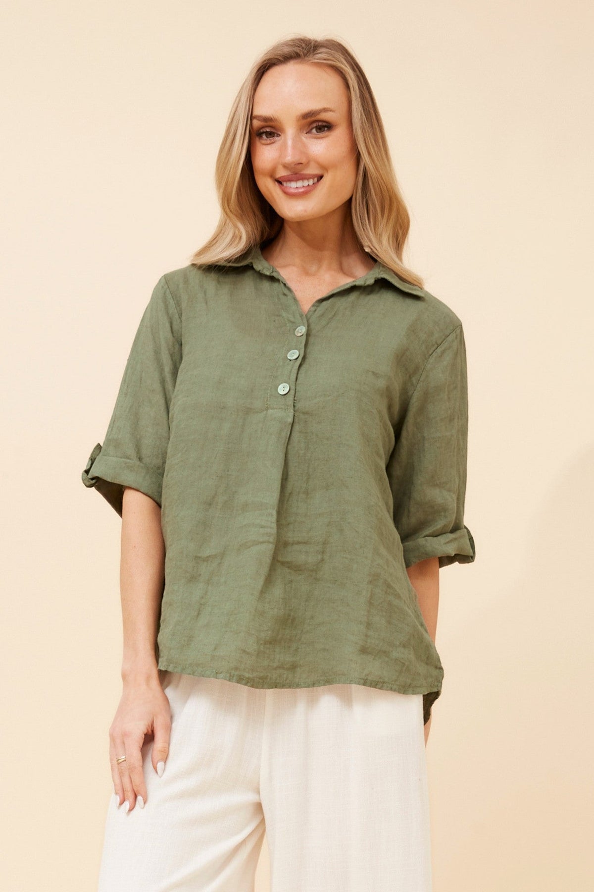 ARMIDA SOLID LINEN TOP (Khaki)