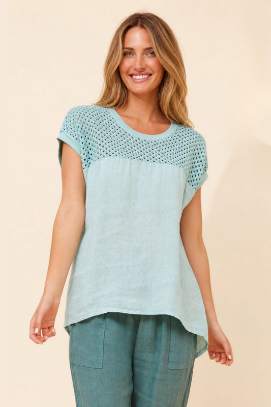 Image of a model wearing Tops. Product name - ORAH LINEN TOP in Eucalyptus colour by brand - BOTTEGA MODA