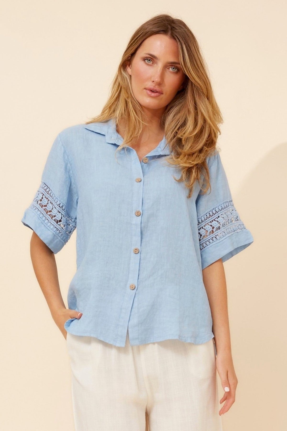 Image of Shirts. Product name - IRMA LINEN SHIRT in Mauve Mist colour by brand - BOTTEGA MODA