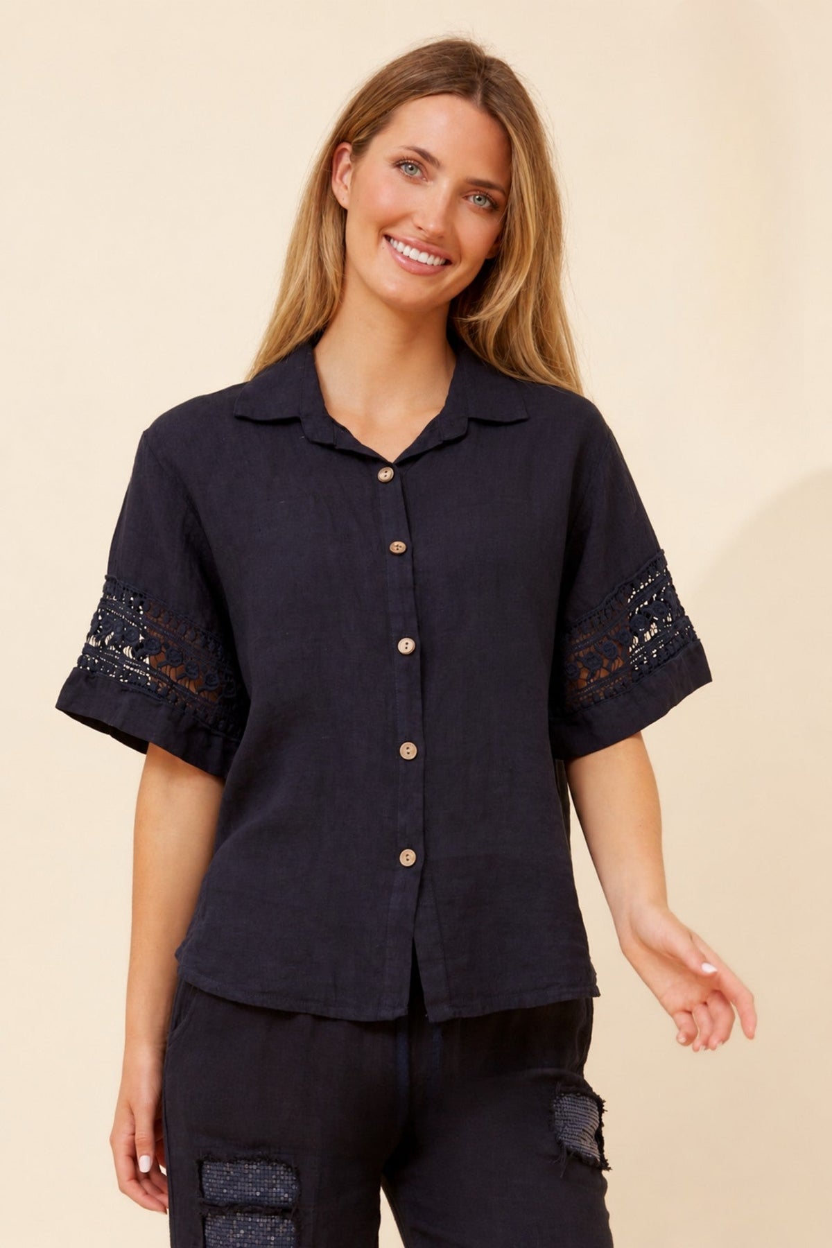 Image of Shirts. Product name - IRMA LINEN SHIRT in Navy colour by brand - BOTTEGA MODA