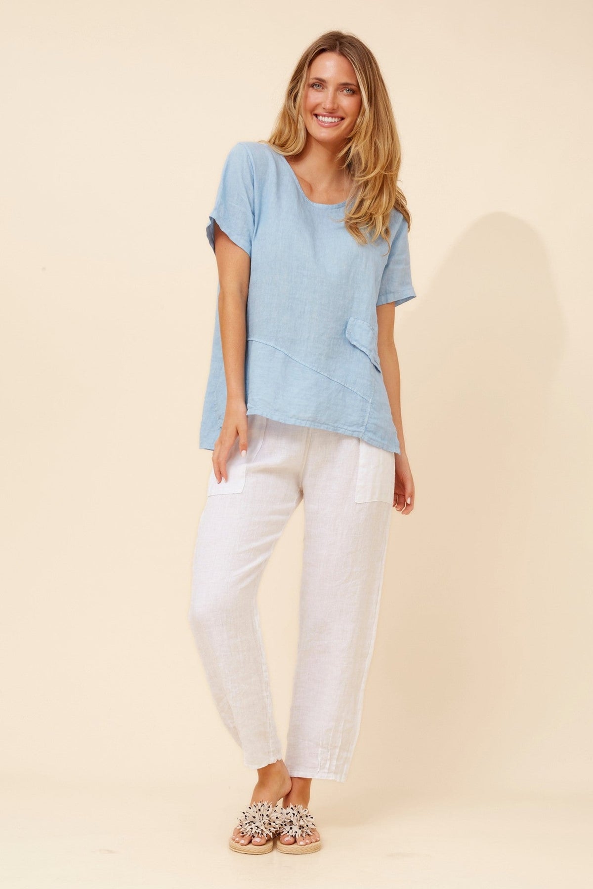 BOTTEGA MODA ONA SOLID LINEN TOP (Blue Jean)