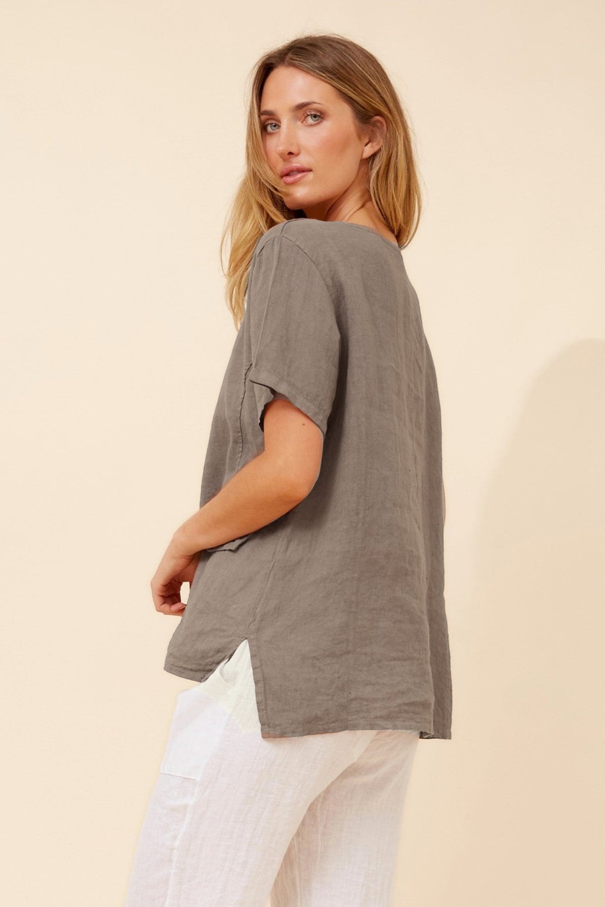BOTTEGA MODA ONA SOLID LINEN TOP (Fango)