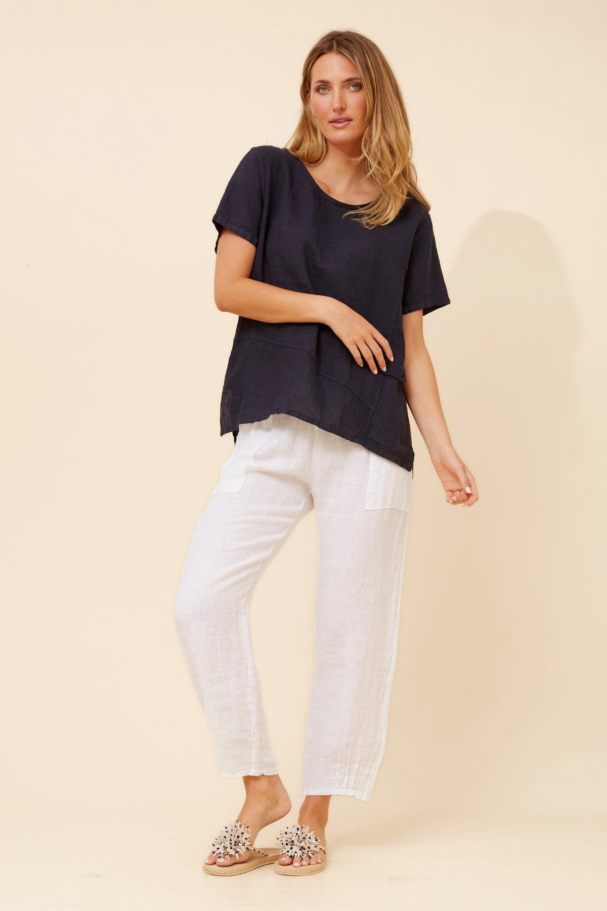 BOTTEGA MODA ONA SOLID LINEN TOP (Navy)