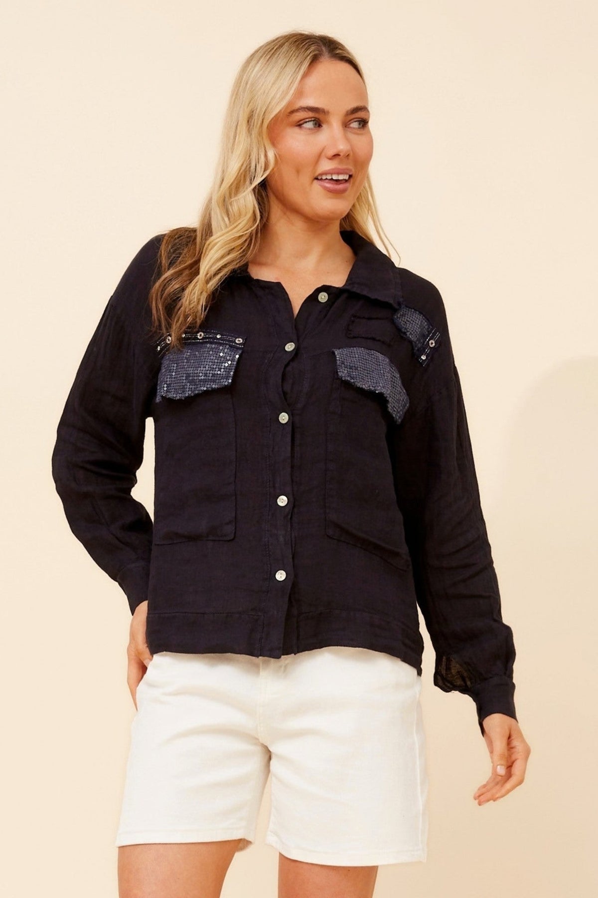 Image of Shirts. Product name - TASSIA PATCHWORK LINEN SHIRT in Navy colour by brand - BOTTEGA MODA