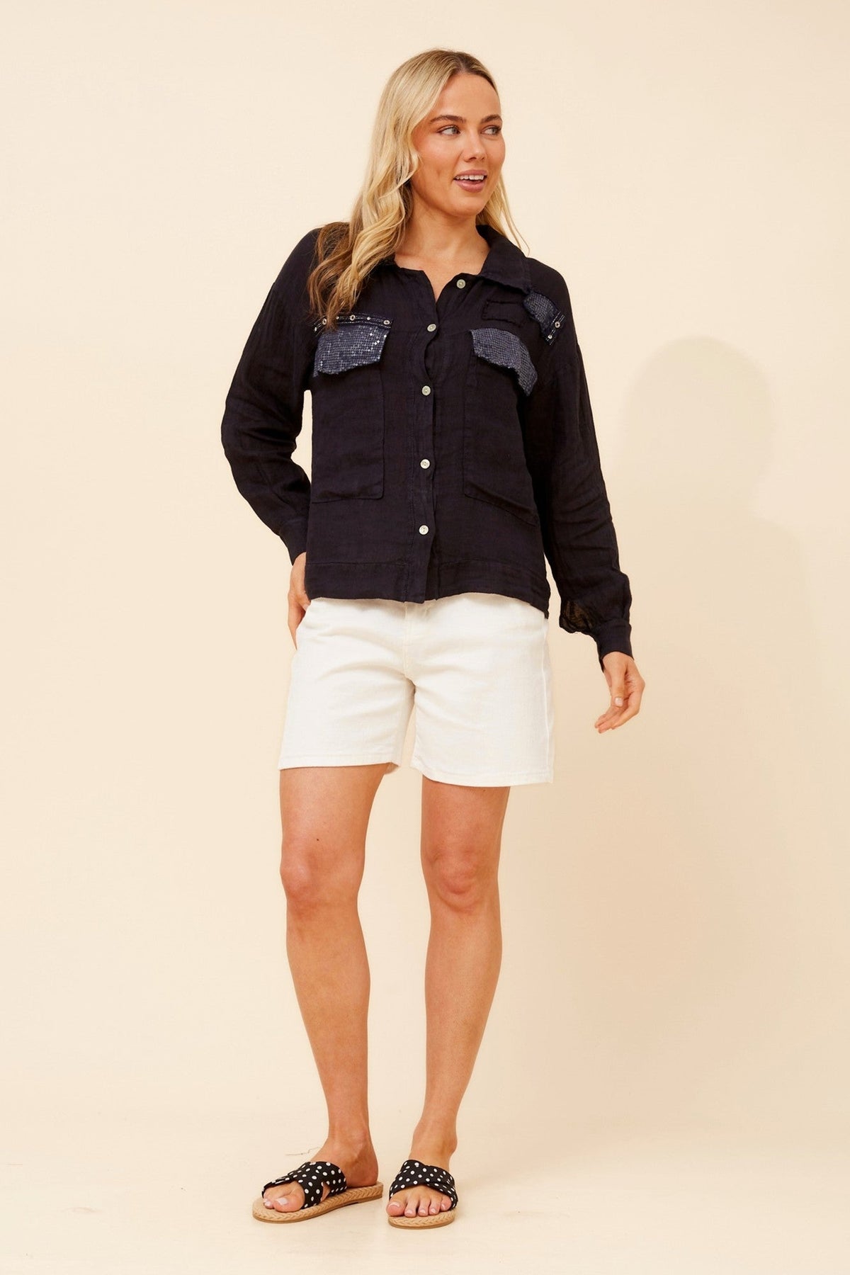 BOTTEGA MODA TASSIA PATCHWORK LINEN SHIRT (Navy)