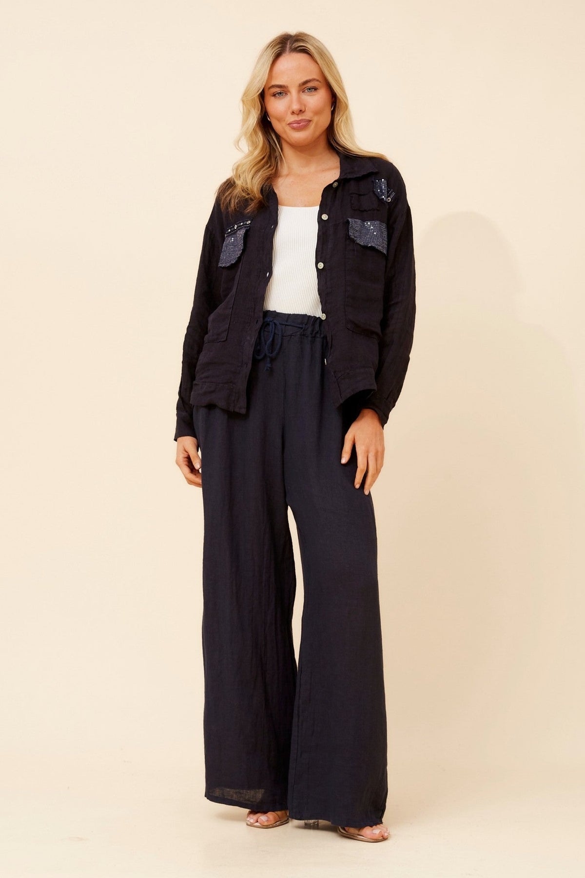BOTTEGA MODA TASSIA PATCHWORK LINEN SHIRT (Navy)