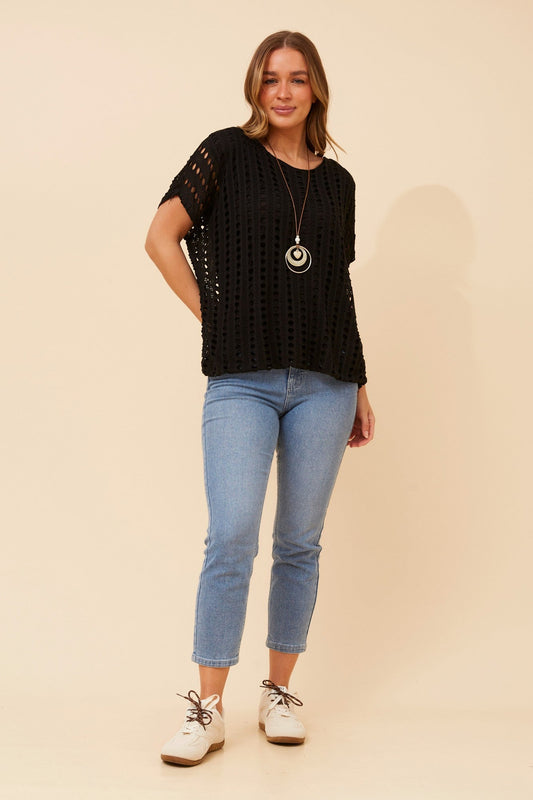 Image of a model wearing Tops. Product name - ENRIKA EYELET TOP in Black colour by brand - BOTTEGA MODA