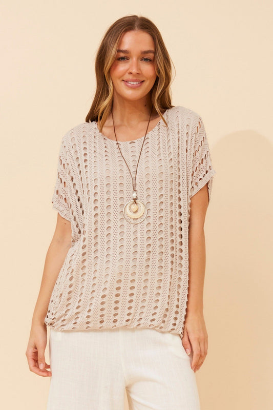 Image of a model wearing Tops. Product name - ENRIKA EYELET TOP in Nougat colour by brand - BOTTEGA MODA