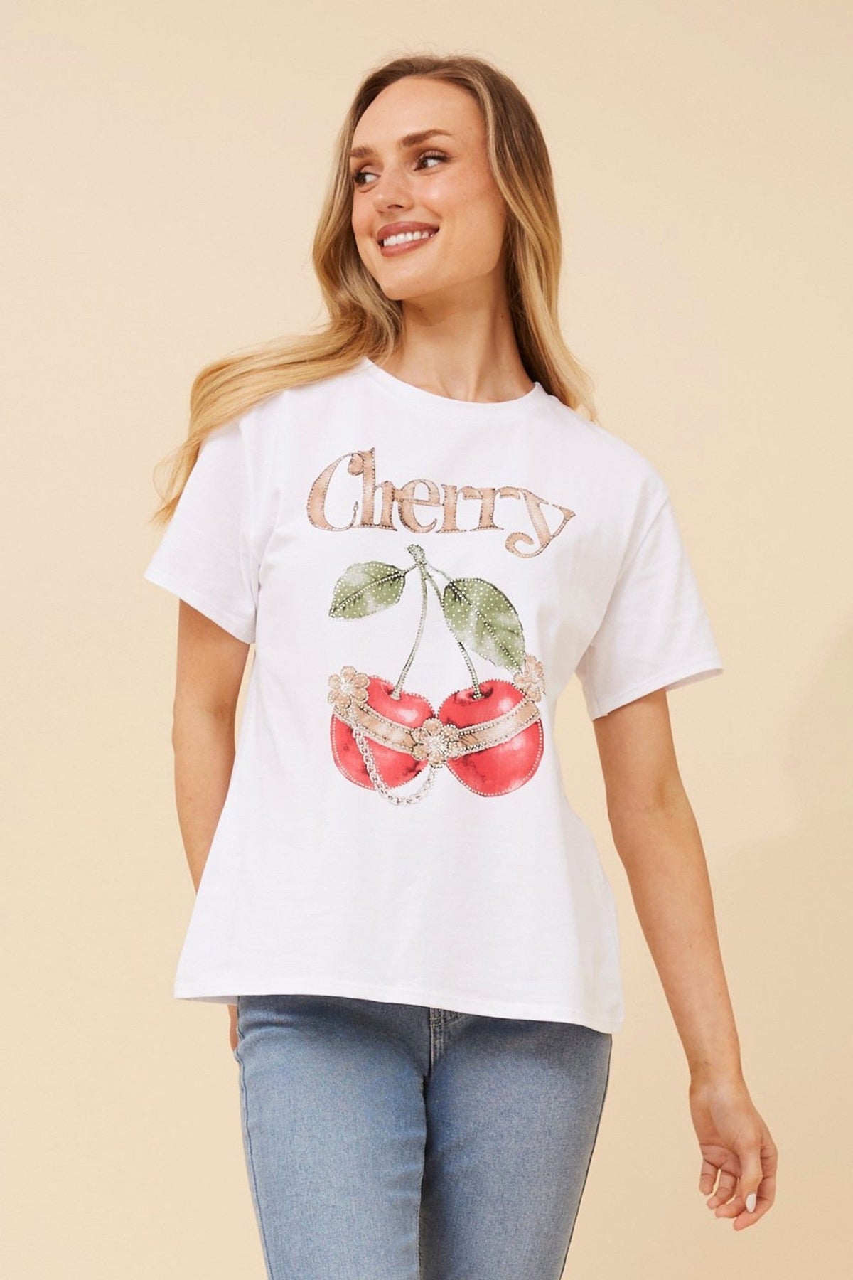 Image of T-Shirts. Product name - IMILIA CHERRY PRINT T-SHIRT in White colour by brand - BOTTEGA MODA