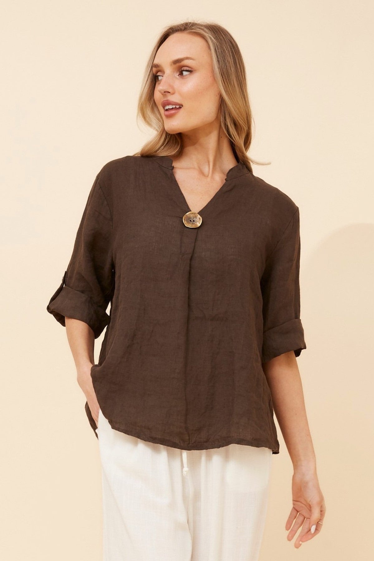 GREGORIA SOLID LINEN TOP (Bitter Chocolate)