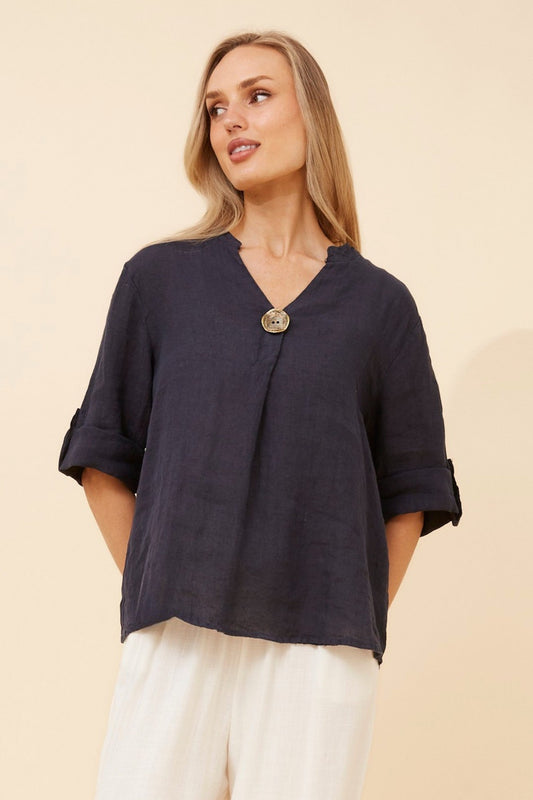BOTTEGA MODA GREGORIA SOLID LINEN TOP (Navy)