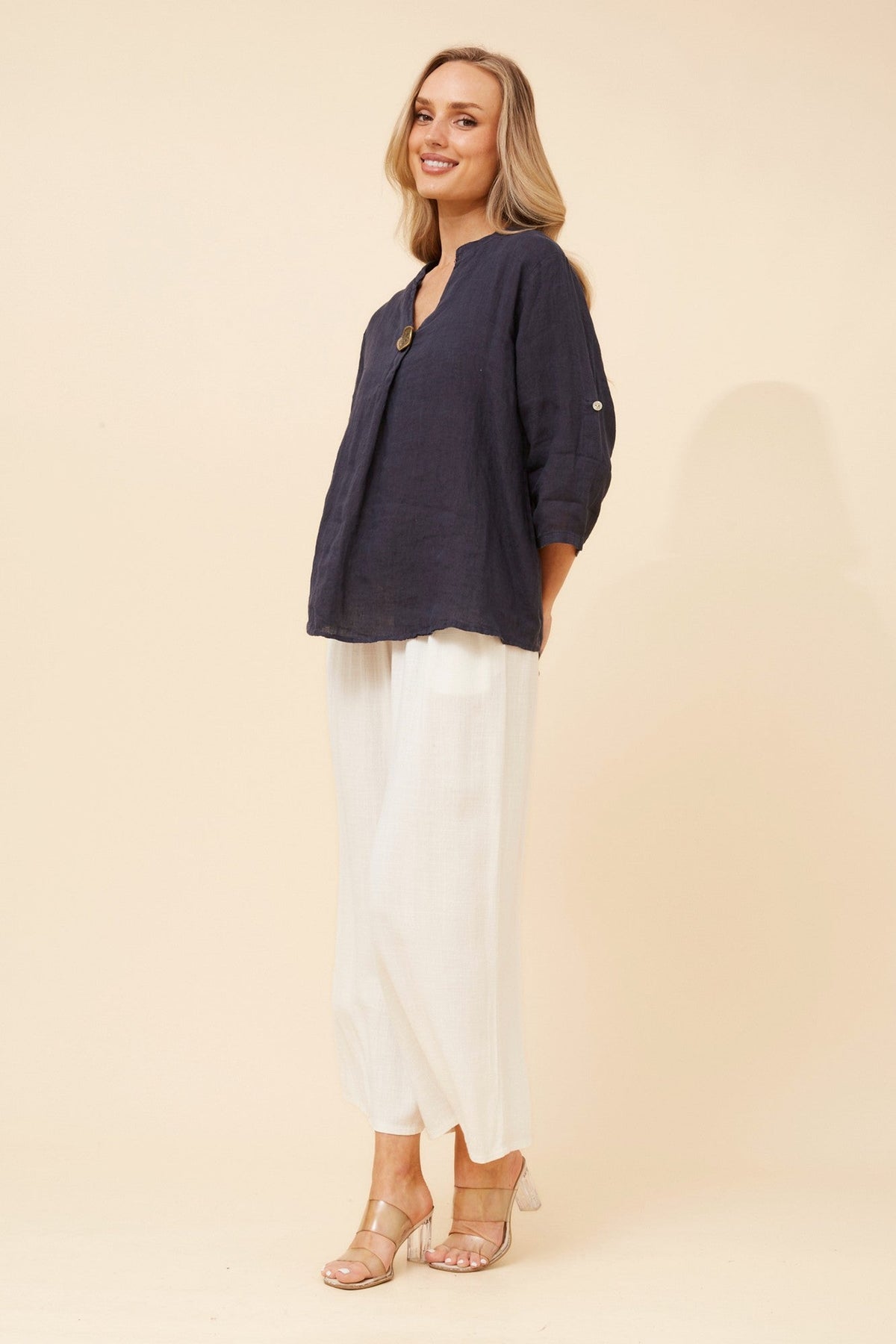BOTTEGA MODA GREGORIA SOLID LINEN TOP (Navy)