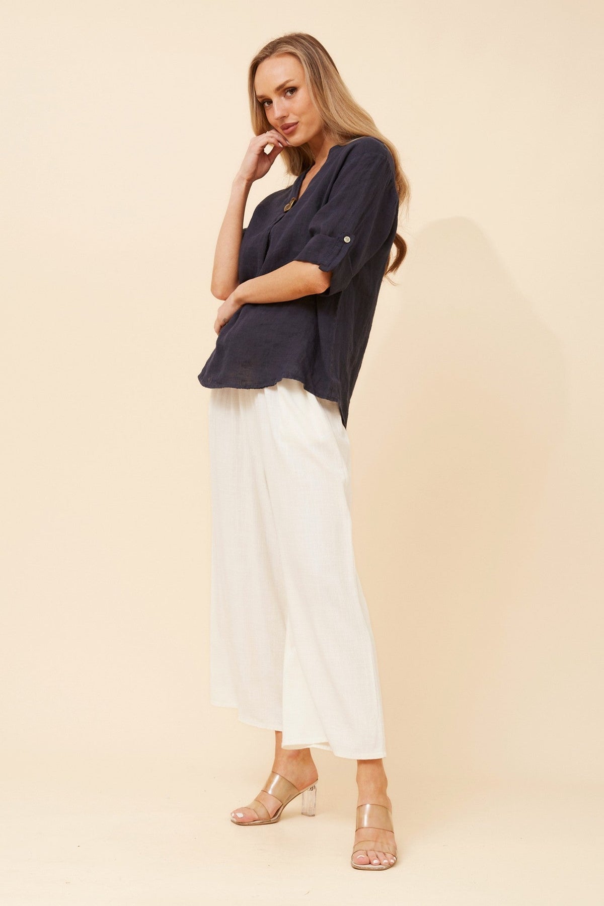 BOTTEGA MODA GREGORIA SOLID LINEN TOP (Navy)