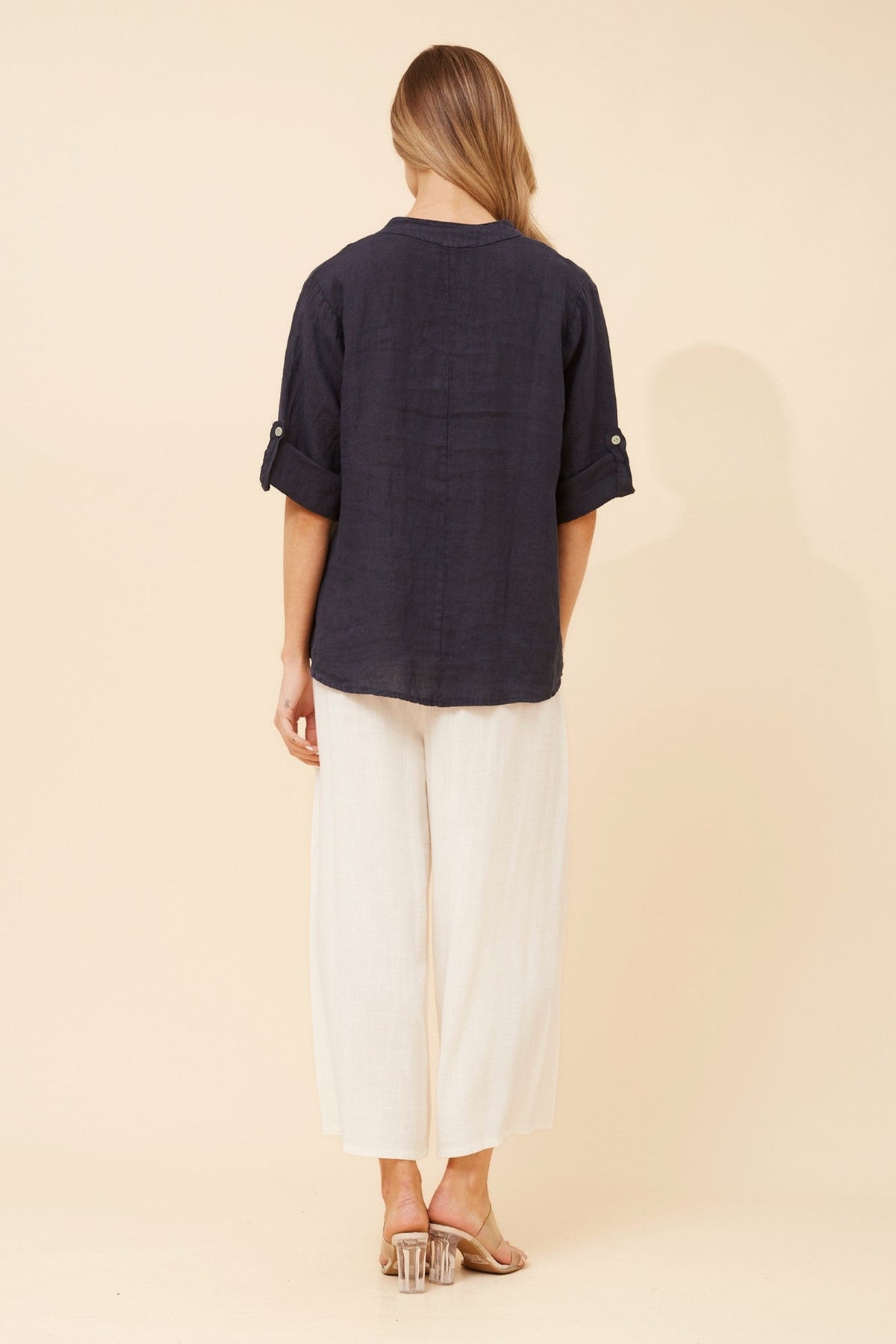 BOTTEGA MODA GREGORIA SOLID LINEN TOP (Navy)