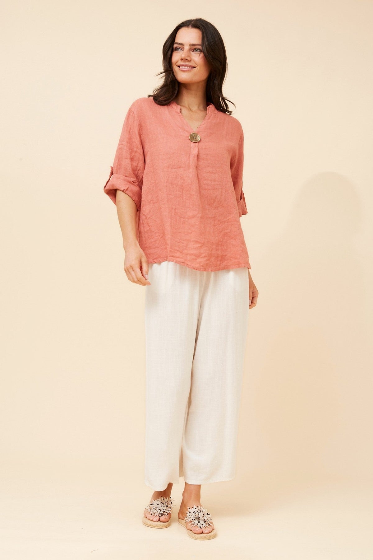BOTTEGA MODA GREGORIA SOLID LINEN TOP (Rosewood)
