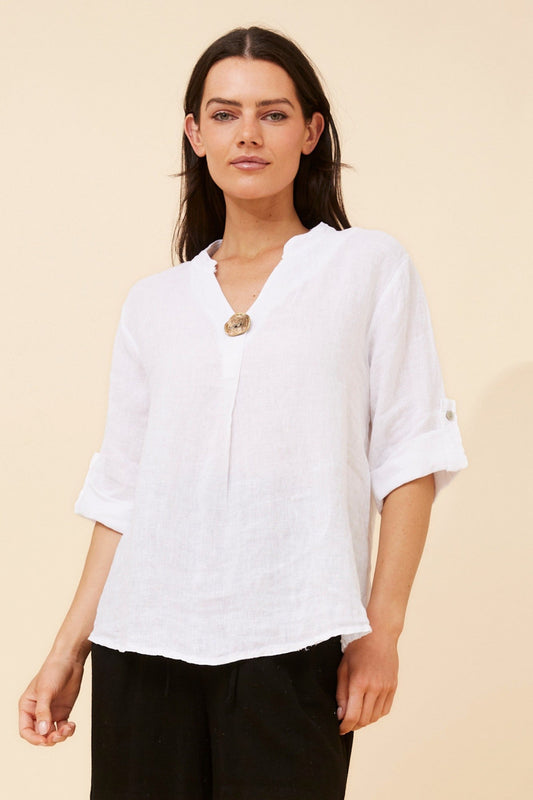 Image of a model wearing Tops. Product name - GREGORIA SOLID LINEN TOP in White colour by brand - BOTTEGA MODA