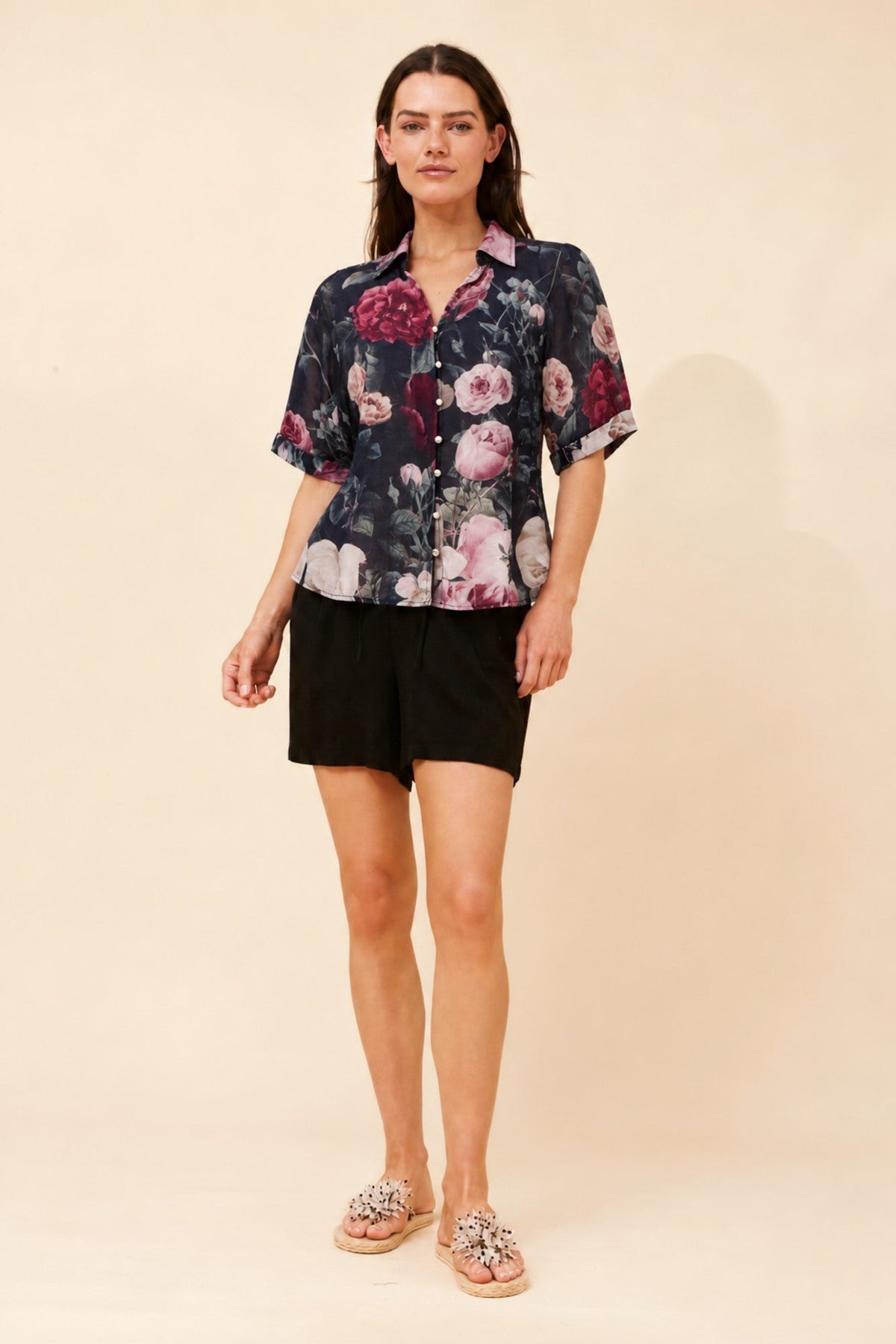 Image of Shirts. Product name - ZENAIDA FLORAL SHIRT in Multi Black colour by brand - Caroline Morgan Australia