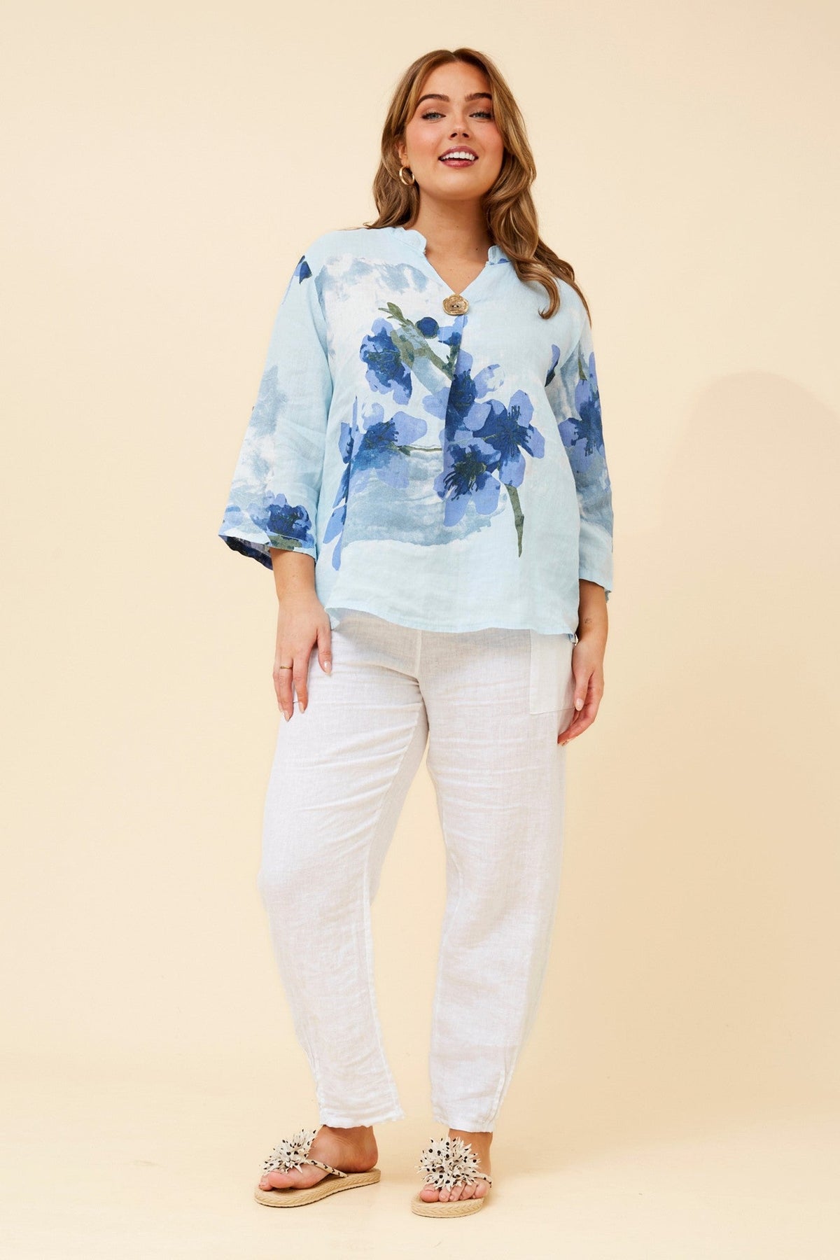 BOTTEGA MODA GREGORIA FLORAL LINEN TOP (Skylight)