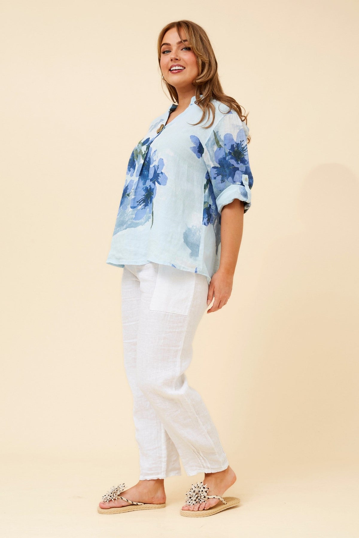 BOTTEGA MODA GREGORIA FLORAL LINEN TOP (Skylight)