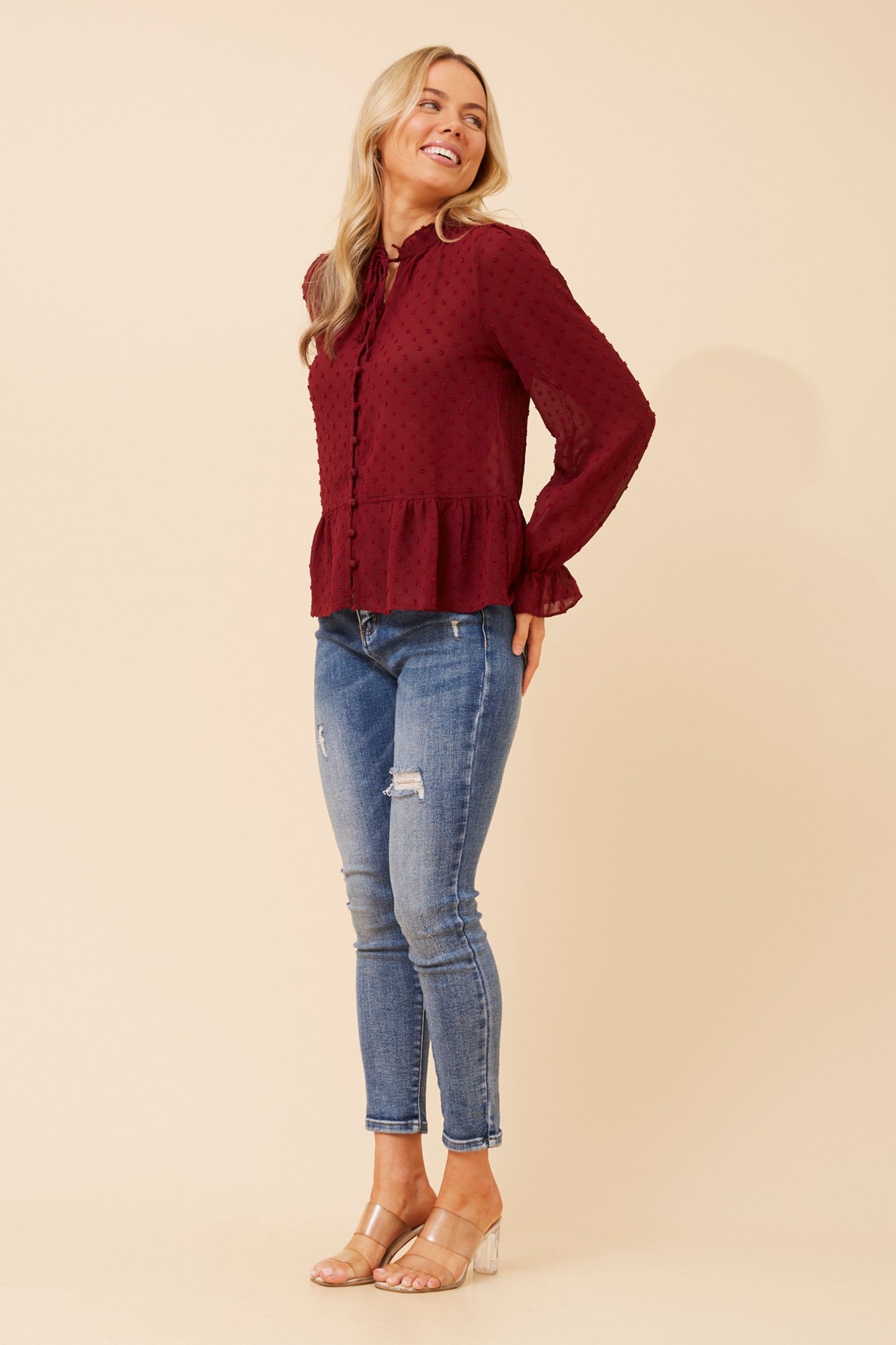 Image of Shirts. Product name - NINETTA FLORAL EMBROIDERED SHIRT in Burgundy colour by brand - Stella