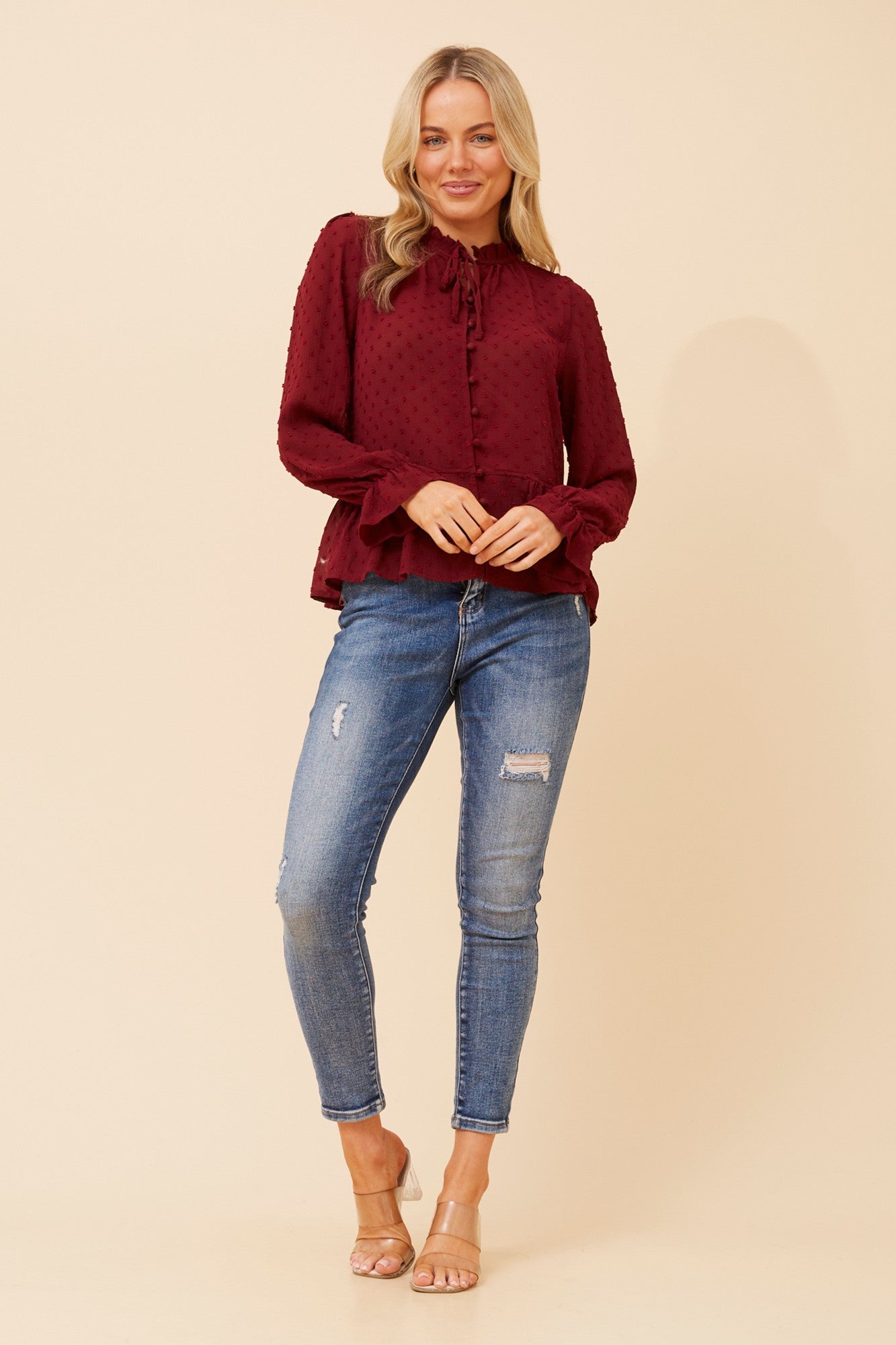 NINETTA FLORAL EMBROIDERED SHIRT (Burgundy)
