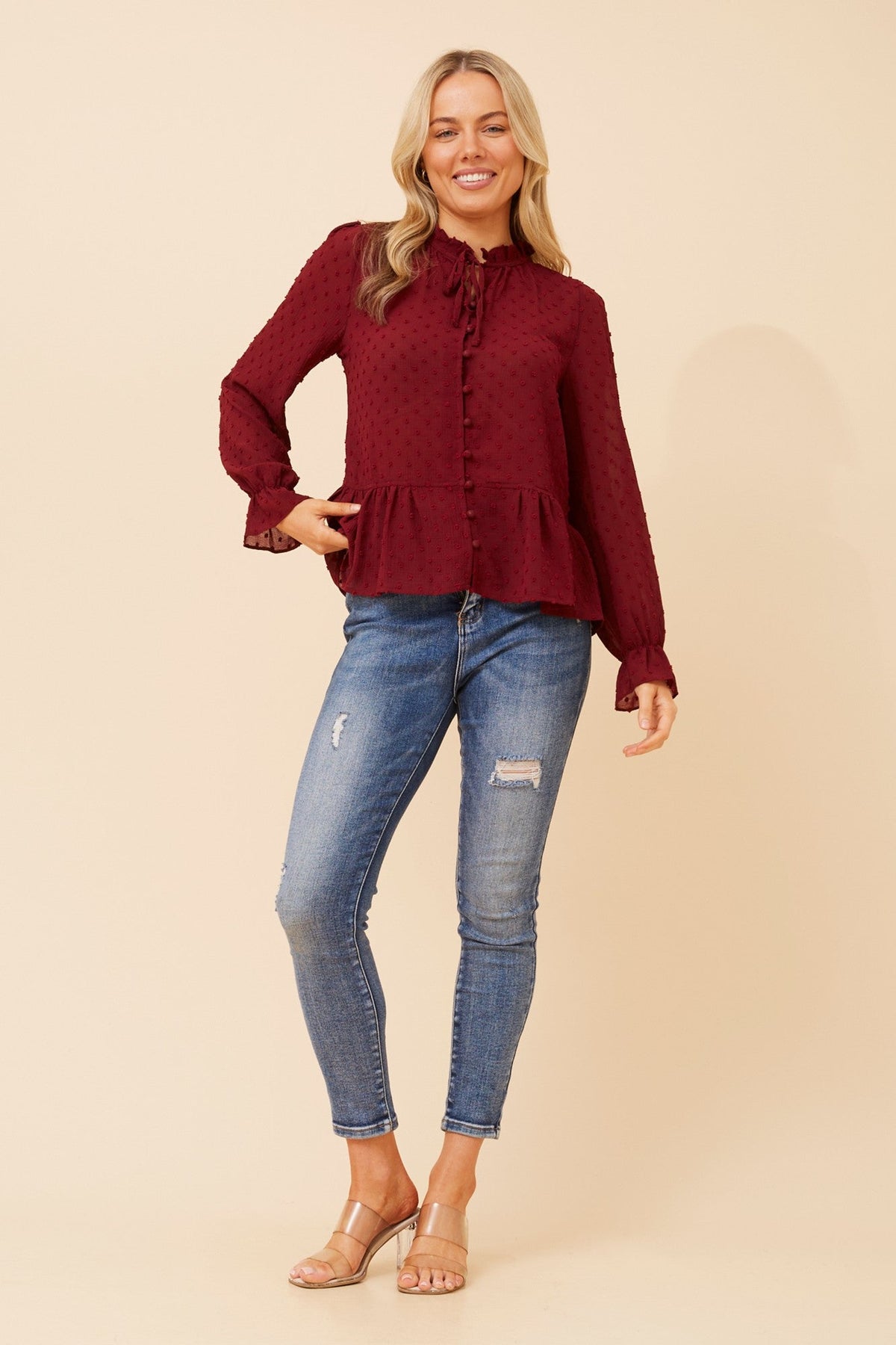 NINETTA FLORAL EMBROIDERED SHIRT (Burgundy)