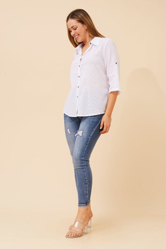 Image of Shirts. Product name - PEPPI SWISS-DOTS SHIRT in Skylight colour by brand - Caroline Morgan Australia