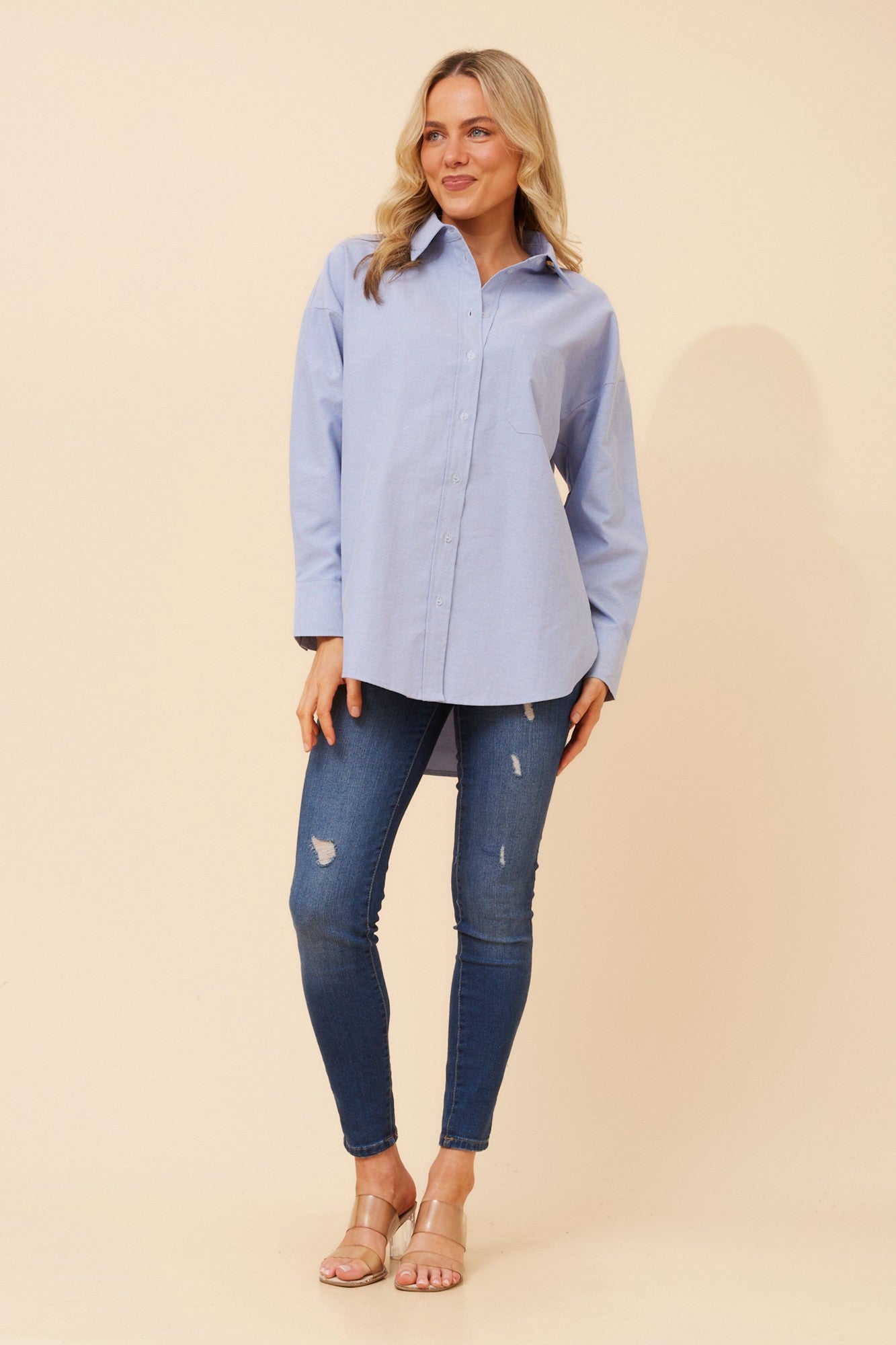 Image of Shirts. Product name - TILLIE SOLID SHIRT in Blue colour by brand - Caroline Morgan Australia
