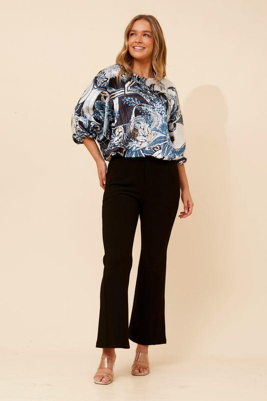 Image of Scarves & Shawls. Product name - ALBERTA SCARF PRINT TOP in Multi Black colour by brand - Caroline Morgan Australia
