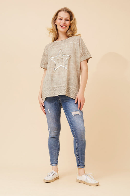 Caroline Morgan Australia DRAI SEQUIN STAR TOP (Linen)
