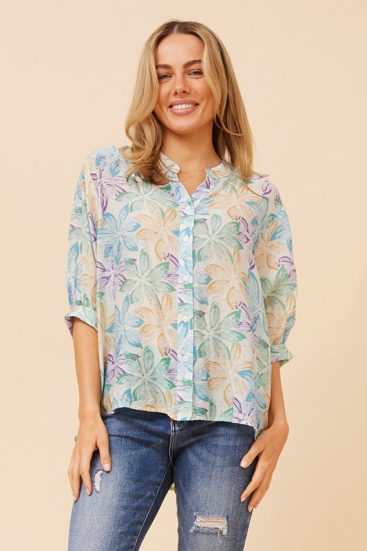 Image of Shirts. Product name - BELINA FLORAL SHIRT in Multi Blue colour by brand - Caroline Morgan Australia