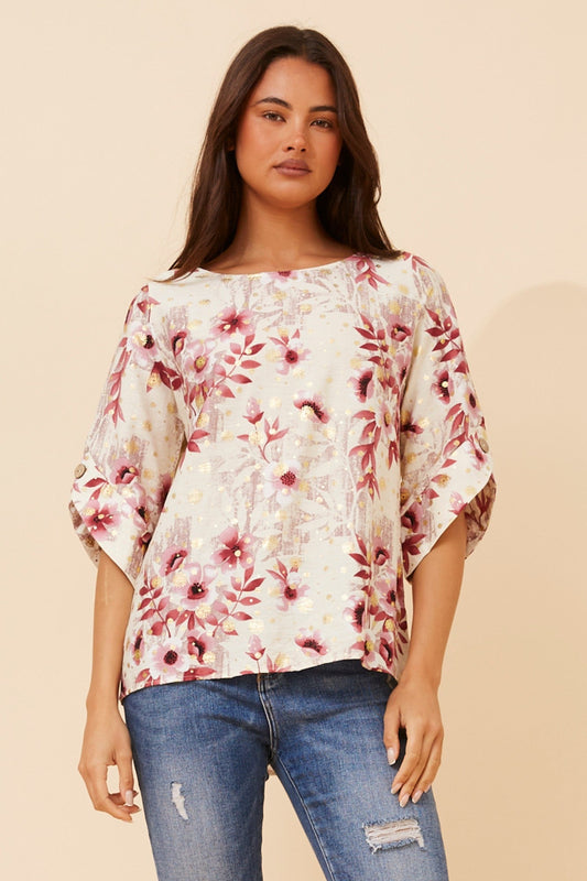 Image of a model wearing Tops. Product name - SAMANTHA FLORAL TOP in Multi Pink colour by brand - Caroline Morgan Australia