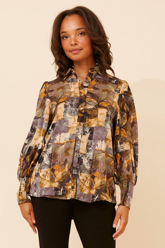 Image of Shirts. Product name - VELLE PATCHWORK PRINT SHIRT in Marigold colour by brand - Caroline Morgan Australia