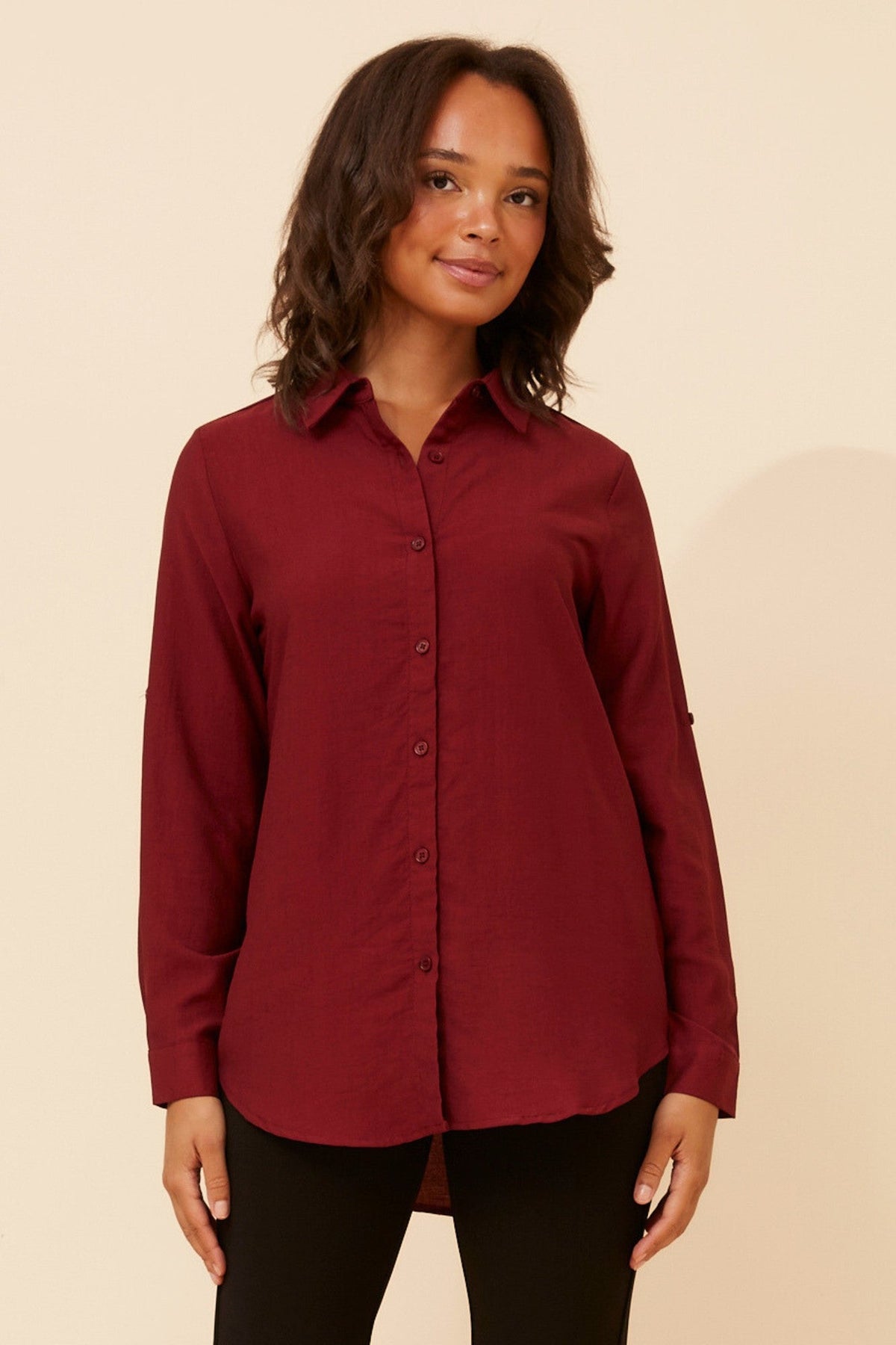Image of Shirts. Product name - KLAUS CURVED HEM SHIRT in Blue colour by brand - Caroline Morgan Australia