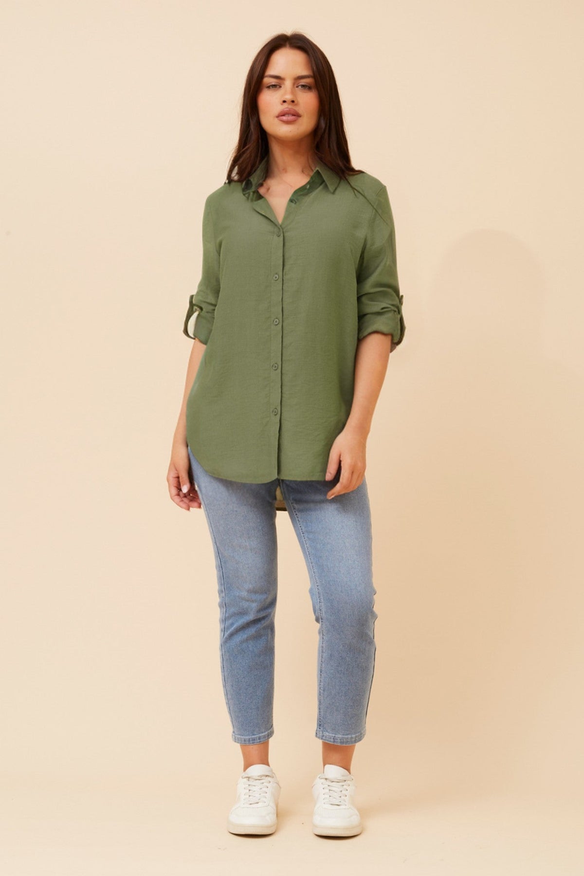 Image of Shirts. Product name - KLAUS CURVED HEM SHIRT in Blue colour by brand - Caroline Morgan Australia
