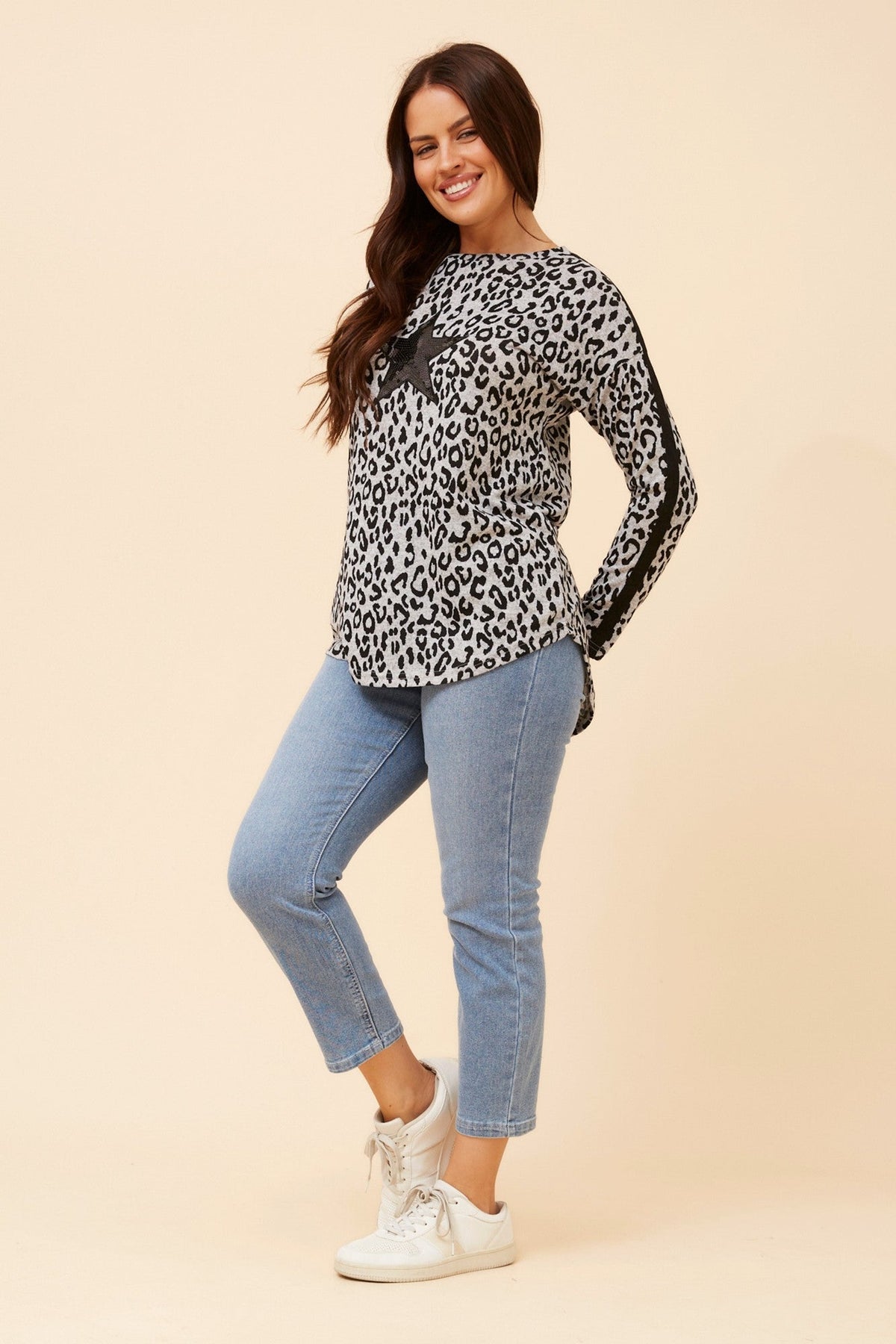 Image of a model wearing Tops. Product name - EVA ANIMAL PRINT TOP in Light Grey colour by brand - Caroline Morgan Australia