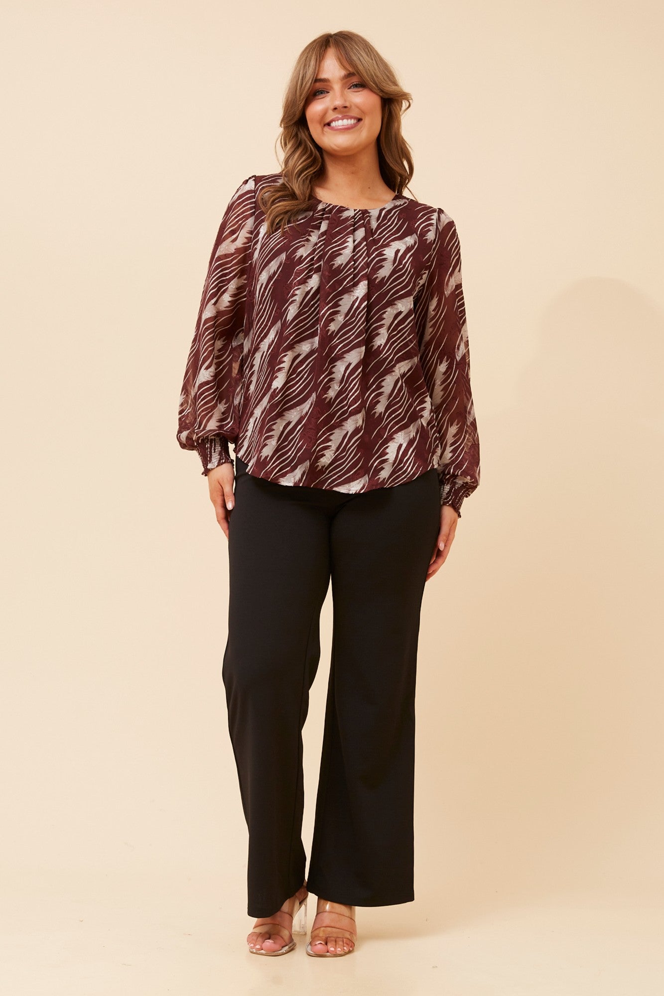 Image of Blouses. Product name - BREE ABSTRACT PRINT BLOUSE in Burgundy colour by brand - Caroline Morgan Australia