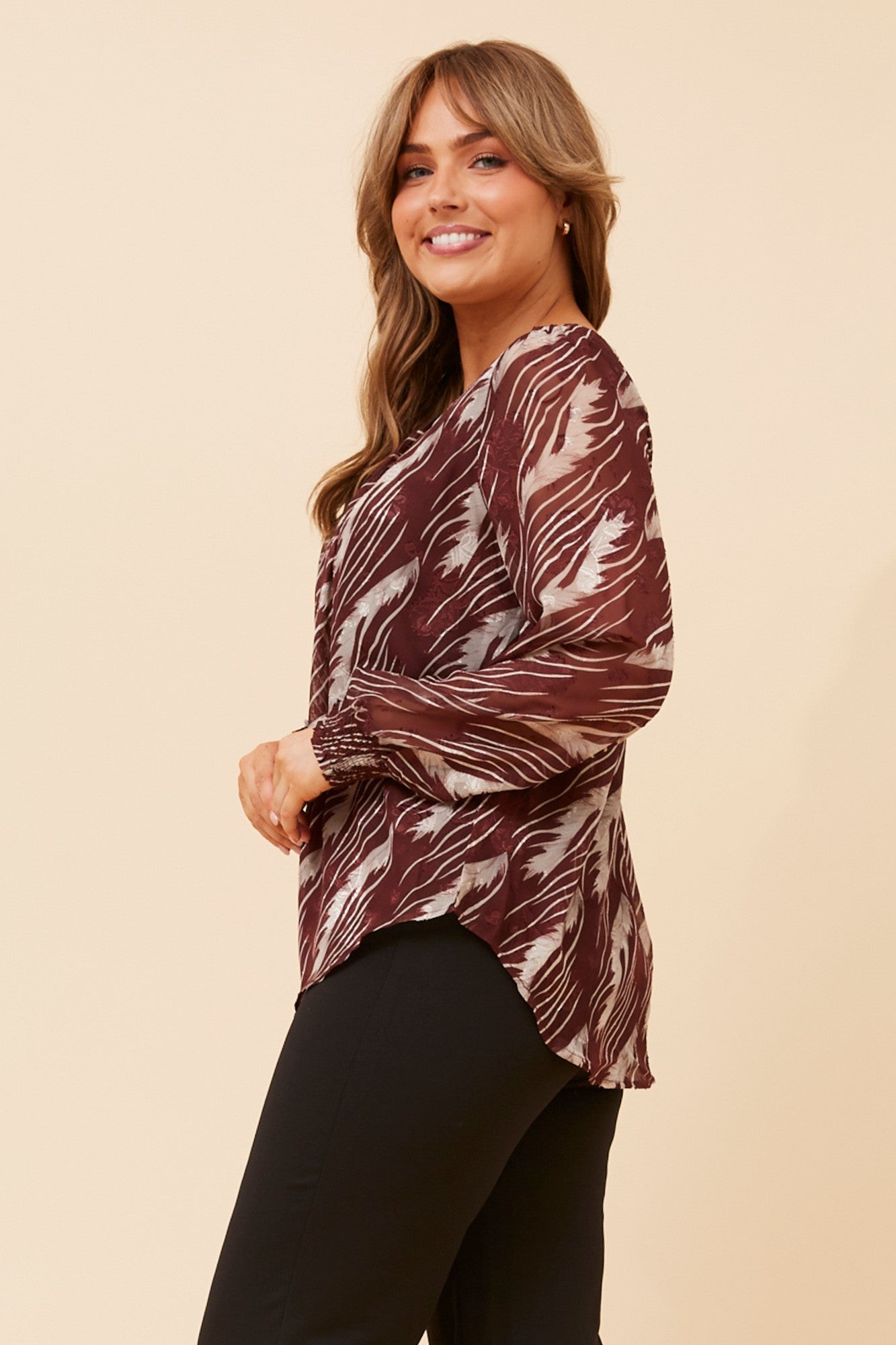 BREE ABSTRACT PRINT BLOUSE (Burgundy)