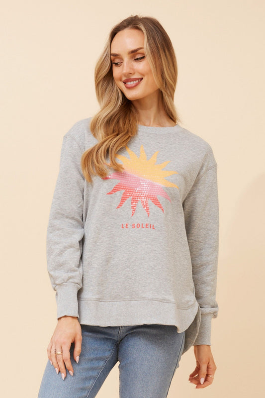 Image of a model wearing Outerwear. Product name - HUDSON GRAPHIC PRINT JUMPER in Light Grey Marl colour by brand - Caroline Morgan Australia